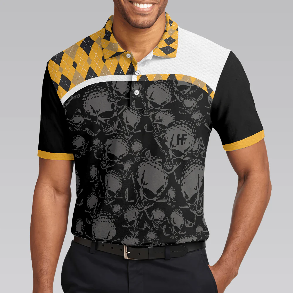 Golf Men Polo Shirt - Skull, All You Need Is Beer & Golf Polo Shirt, Black And Yellow Argyle Pattern Golf Shirt For Men, Golf Lovers - Image 5