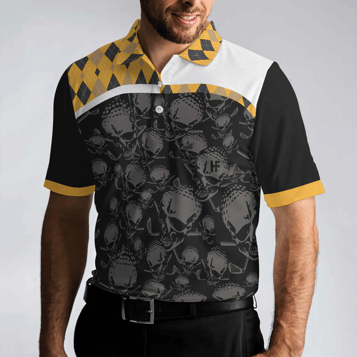 Golf Men Polo Shirt - Skull, All You Need Is Beer & Golf Polo Shirt, Black And Yellow Argyle Pattern Golf Shirt For Men, Golf Lovers - Image 6