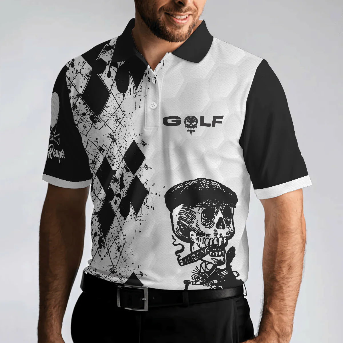 Golf Men Polo Shirt - Skull Golf Reaper Polo Shirt, Black And White Argyle Pattern Polo Shirt, Best Golf Shirt For Men - Perfect Gift For Men, Golfers - Image 5