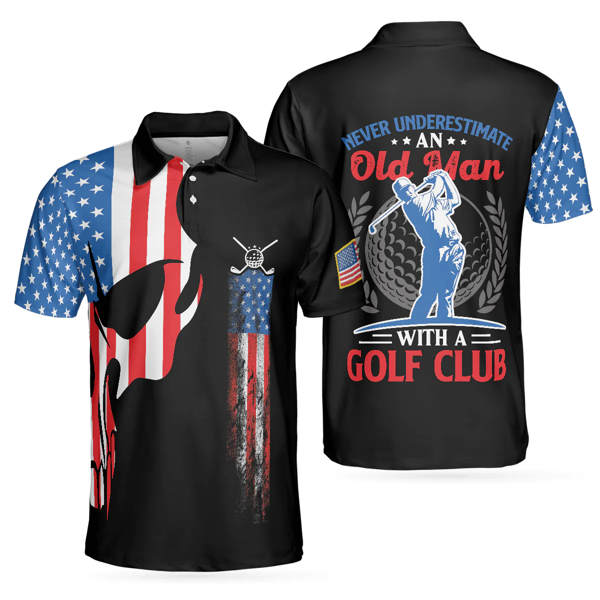 Golf Men Polo Shirt - Skull Golf With American Flag Polo Shirt, Never Underate An Old Man Golfer Polo Shirt - Perfect Gift For Men, Golfers - Image 2