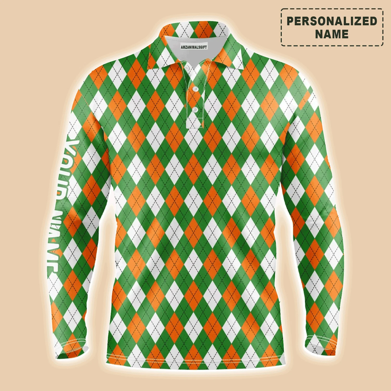 Golf Men Polo Shirt - St Patrick's Day White Green Orange Argyle Plaid Pattern Custom Name Apparel - Personalized Gift For Golf Lover, Team - Image 2