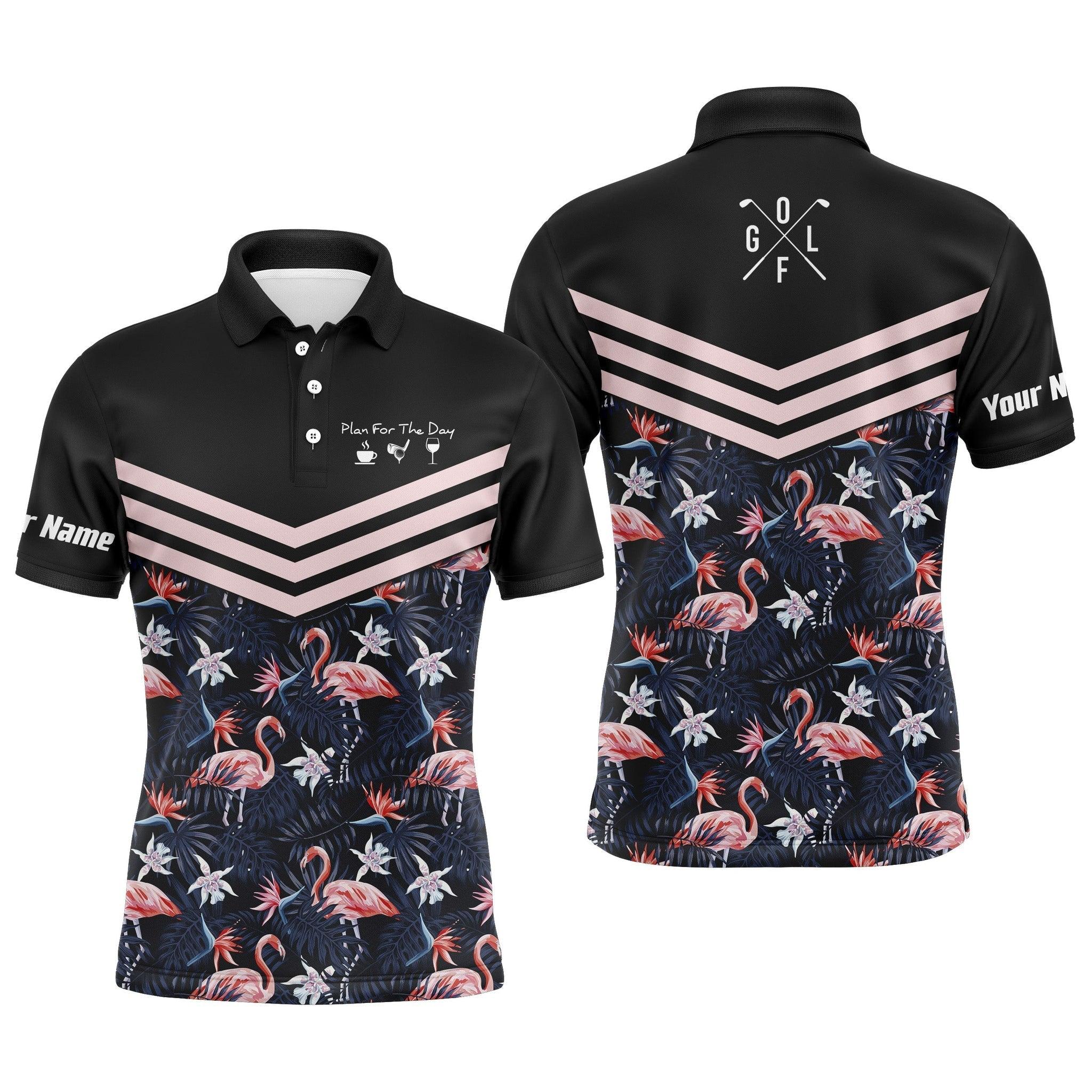 Golf Men Polo Shirt - Tropical Leaf Flamingo Pattern Custom Name Apparel - Plan For The Day Coffee Golf Wine - Personalized Gift For Golf Lover, Team - Image 3