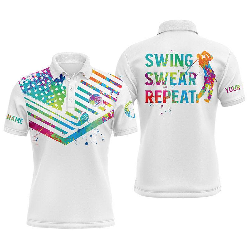 Golf Men Polo Shirt - Watercolor American Flag Custom Name White Apparel - Swing Swear Repeat Men Golf Polo Shirt - Personalized Gift For Golf Lover