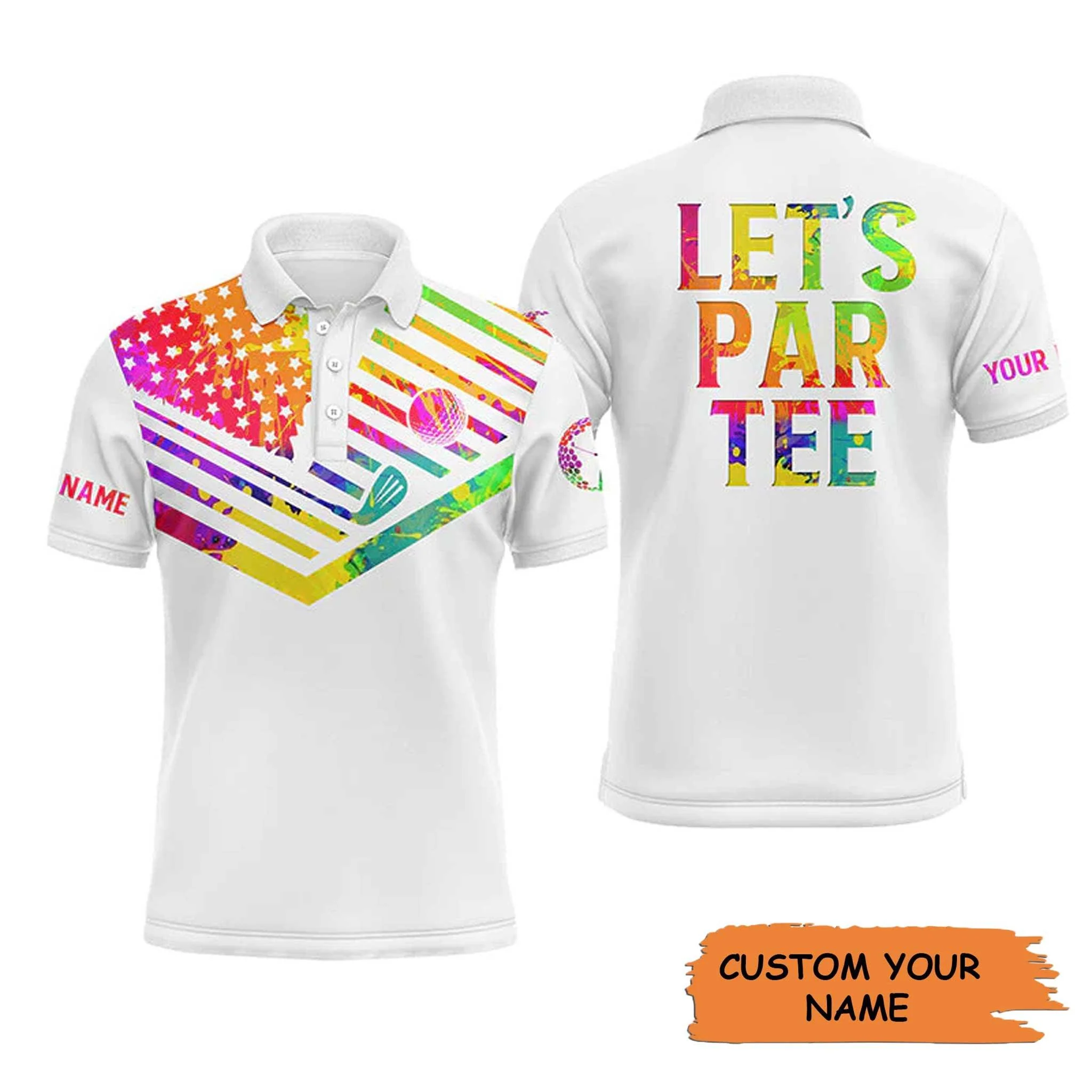 Golf Men Polo Shirt - Watercolor American Flag Patriot Custom Name White Apparel, Let’s Par Tee Men Golf Polo Shirt - Perfect Polo Shirt For Men, Golfers