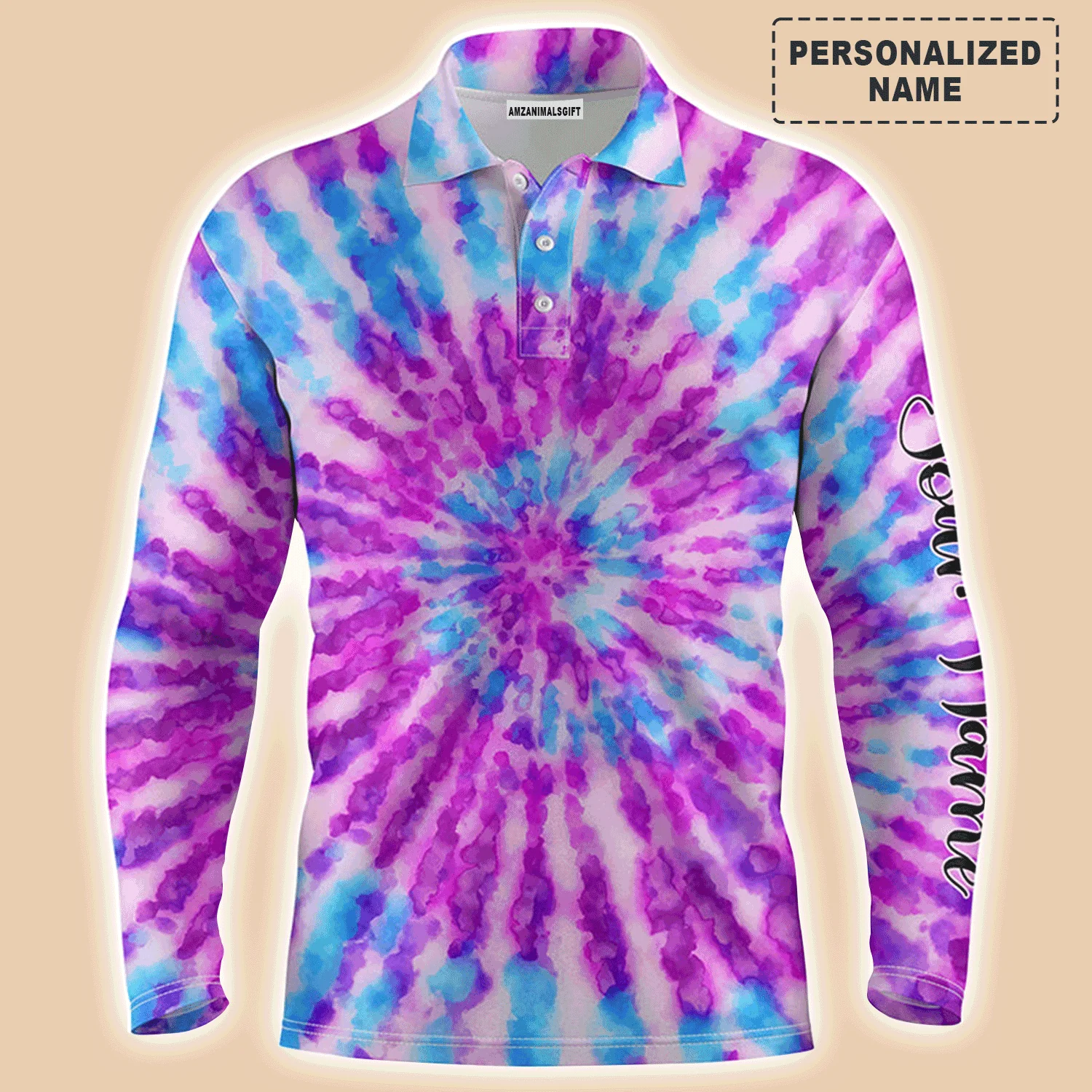 Golf Men Polo Shirt - Watercolor Purple Tie Dye Pattern Custom Name Apparel Men Golf Polo Shirt - Personalized Gift For Golf Lover, Team, Male Players, Golfer - Image 3