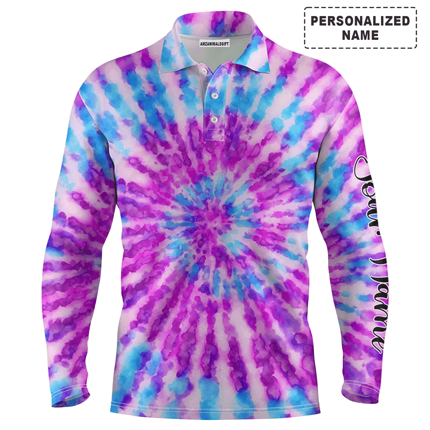 Golf Men Polo Shirt - Watercolor Purple Tie Dye Pattern Custom Name Apparel Men Golf Polo Shirt - Personalized Gift For Golf Lover, Team, Male Players, Golfer - Image 4