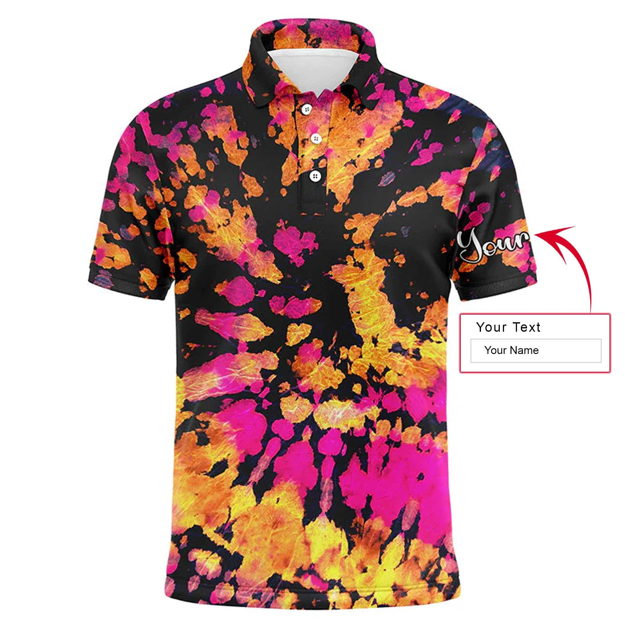 Golf Men Polo Shirt - Yellow Pink Black Tie Dye Pattern Custom Name Apparel - Personalized Gift For Golf Lover, Team, Male Players, Golfer