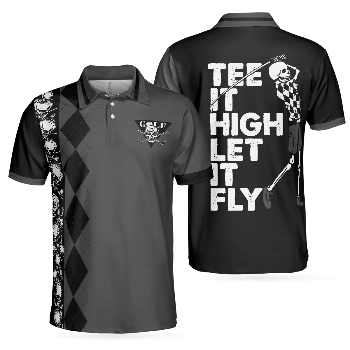 Golf Men Polo Shirts - Black Argyle Pattern Skull Play Golf Tee It High Let It Fly Men Polo Shirts - Perfect Gift For Men, Golfers, Golf Lover
