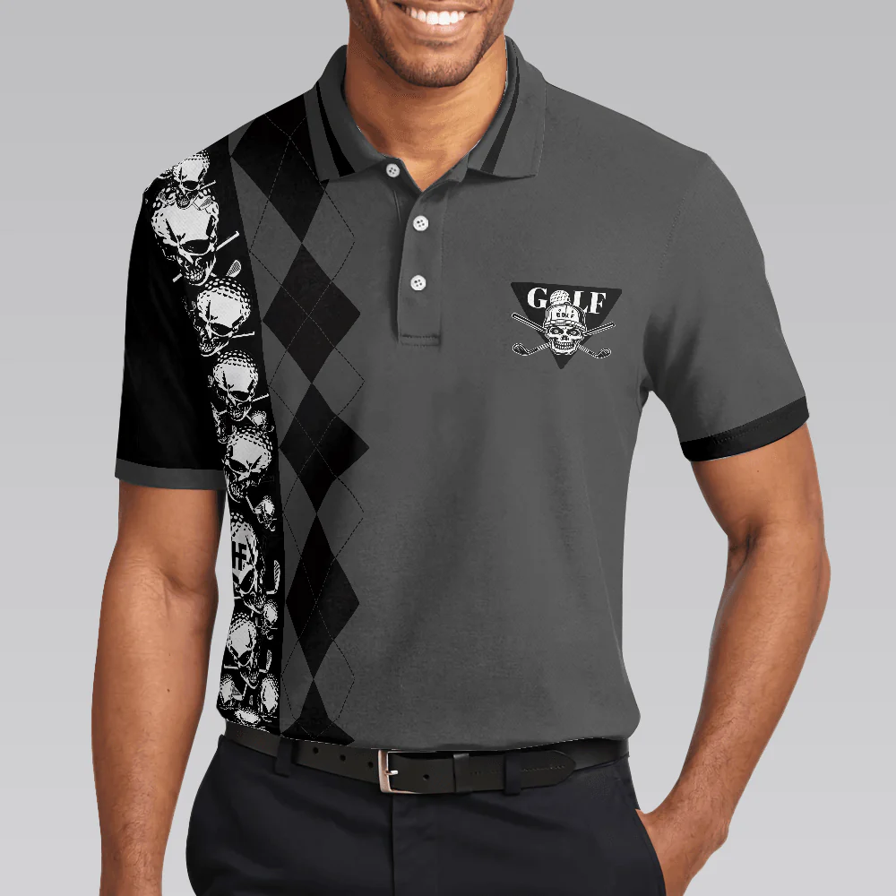 Golf Men Polo Shirts - Black Argyle Pattern Skull Play Golf Tee It High Let It Fly Men Polo Shirts - Perfect Gift For Men, Golfers, Golf Lover - Image 4