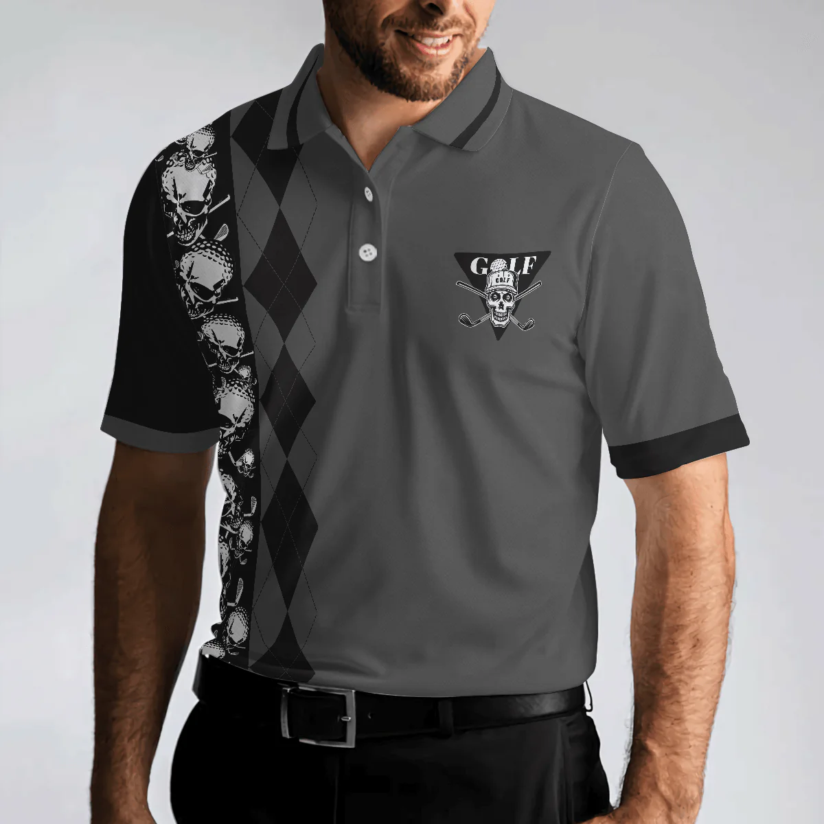 Golf Men Polo Shirts - Black Argyle Pattern Skull Play Golf Tee It High Let It Fly Men Polo Shirts - Perfect Gift For Men, Golfers, Golf Lover - Image 5