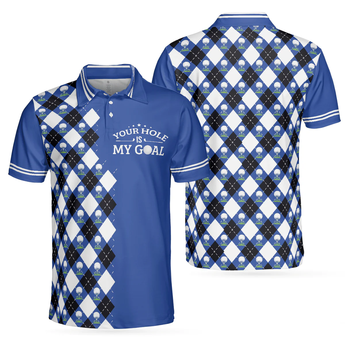 Golf Men Polo Shirts - Blue Argyle Pattern Your Hole Is My Goal Golf Polo Shirt,  - Perfect Gift For Men, Golfers, Golf Lover