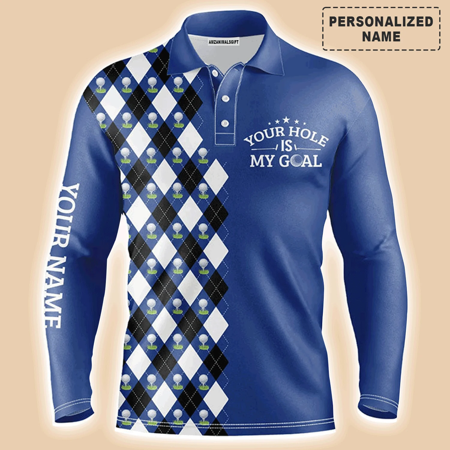 Golf Men Polo Shirts - Blue Argyle Pattern Your Hole Is My Goal Golf Polo Shirt,  - Perfect Gift For Men, Golfers, Golf Lover - Image 2