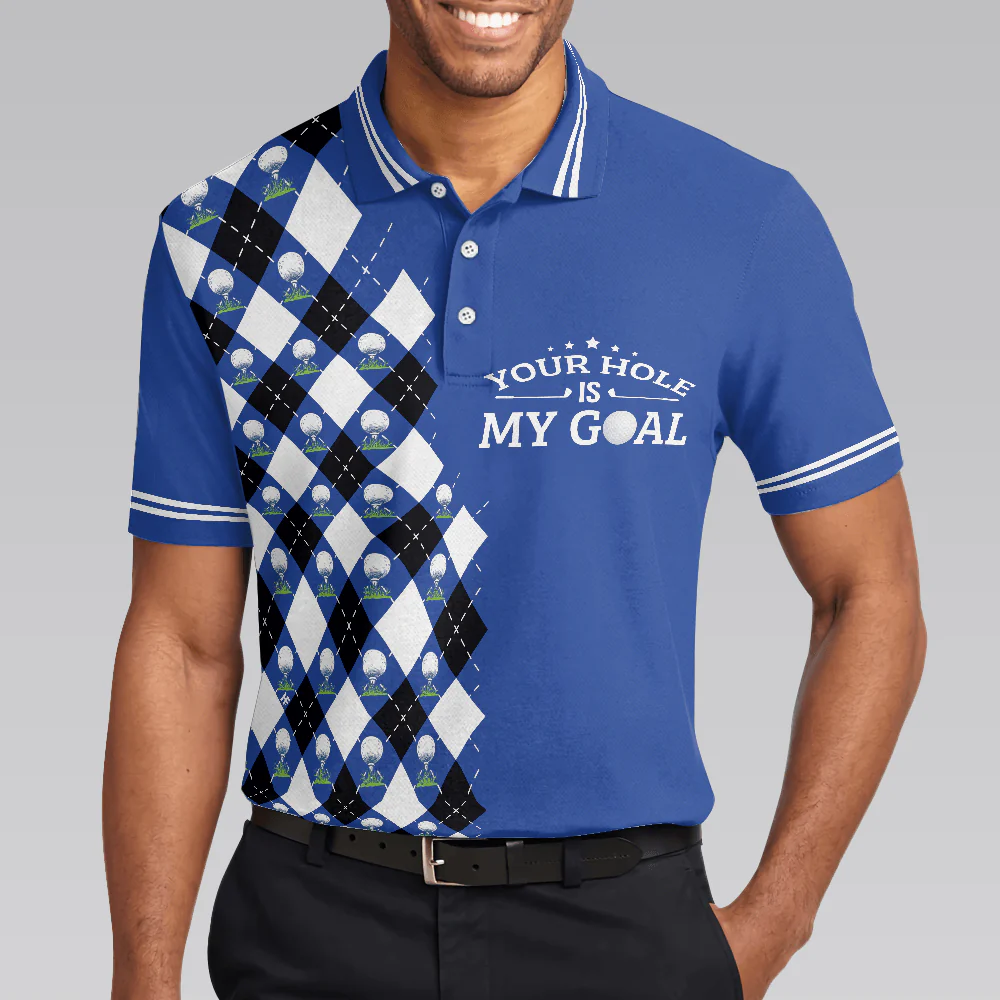Golf Men Polo Shirts - Blue Argyle Pattern Your Hole Is My Goal Golf Polo Shirt,  - Perfect Gift For Men, Golfers, Golf Lover - Image 5