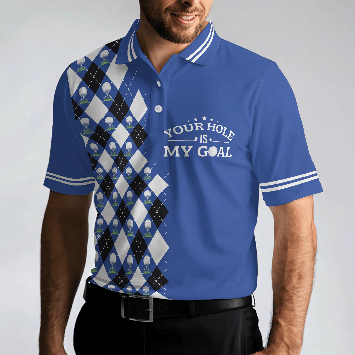 Golf Men Polo Shirts - Blue Argyle Pattern Your Hole Is My Goal Golf Polo Shirt,  - Perfect Gift For Men, Golfers, Golf Lover - Image 6