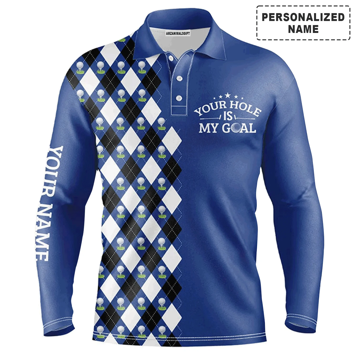 Golf Men Polo Shirts - Blue Argyle Pattern Your Hole Is My Goal Golf Polo Shirt,  - Perfect Gift For Men, Golfers, Golf Lover - Image 7
