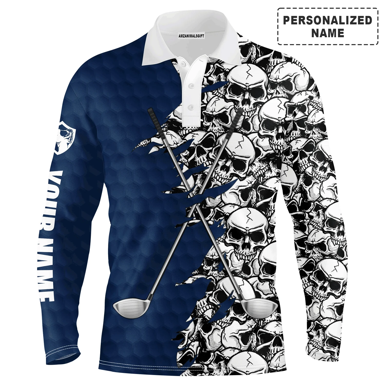 Golf Men Polo Shirts, Blue Pattern Skull golf Clubs Custom Name Golf Performance Apparel - Personalized Gift For Men, Husband, Boyfriend, Lovers - Image 2