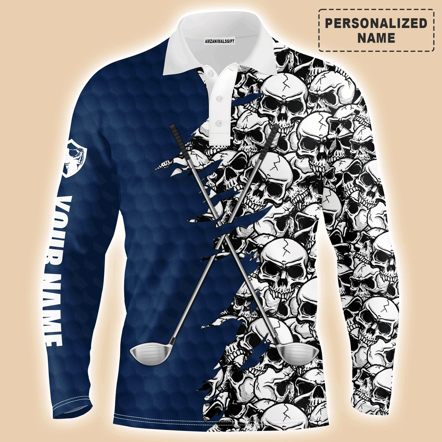 Golf Men Polo Shirts, Blue Pattern Skull golf Clubs Custom Name Golf Performance Apparel - Personalized Gift For Men, Husband, Boyfriend, Lovers - Image 3