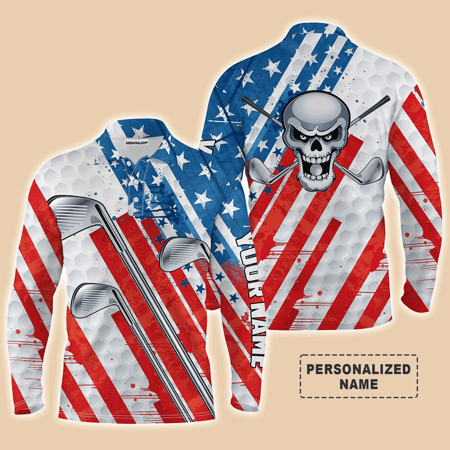Golf Men Polo Shirts, Custom Name American Flag Skull Patriotic Golf Clubs Apparel - Personalized Sports Gift For Men, Husband, Boyfriend, Golf Lovers - Image 3