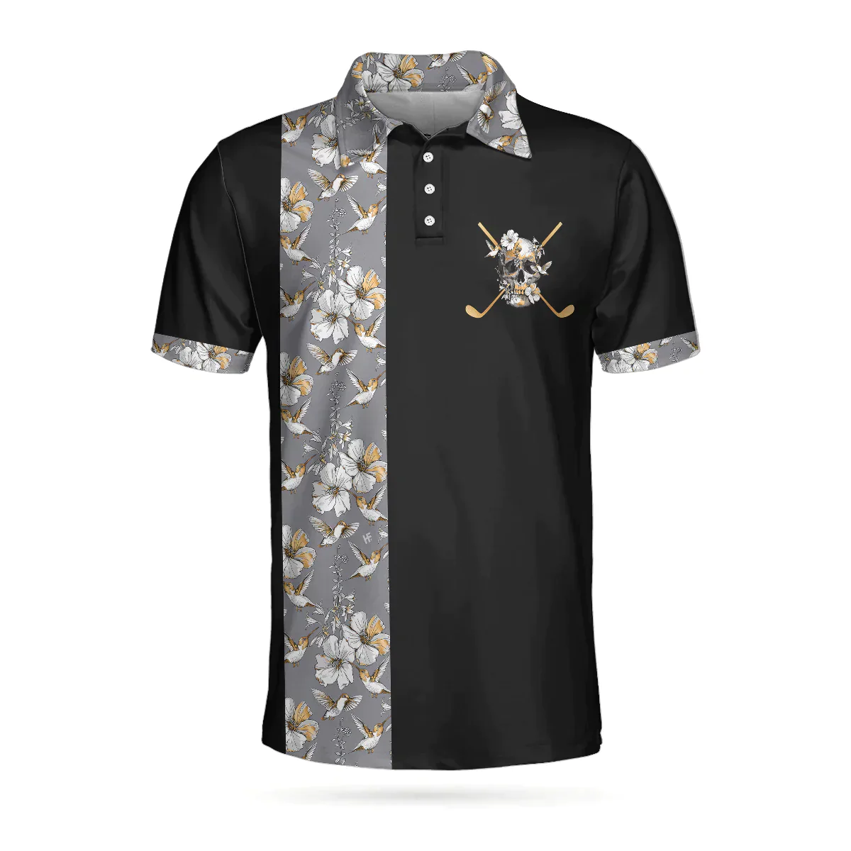 Golf Men Polo Shirts - Luxury Golden Skull, Ash Floral Pattern Black Background Men Polo Shirts - Perfect Gift For Men, Golfers, Golf Lover - Image 3