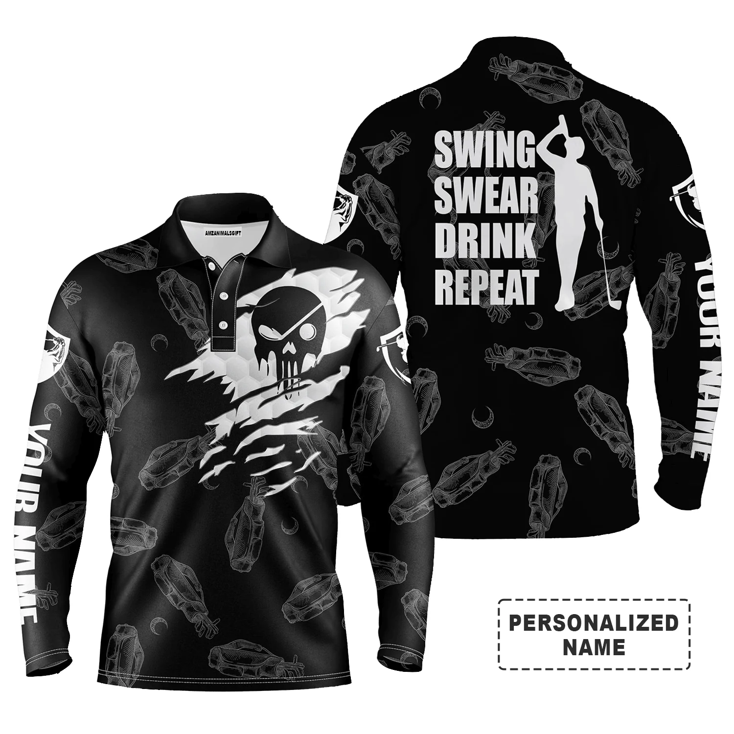 Golf Men Polo Shirts, Swing Swear Drink Repeat Custom Name Black Golf Clubs Pattern Apparel - Personalized Gift For Men, Husband, Boyfriend, Lovers - Image 2