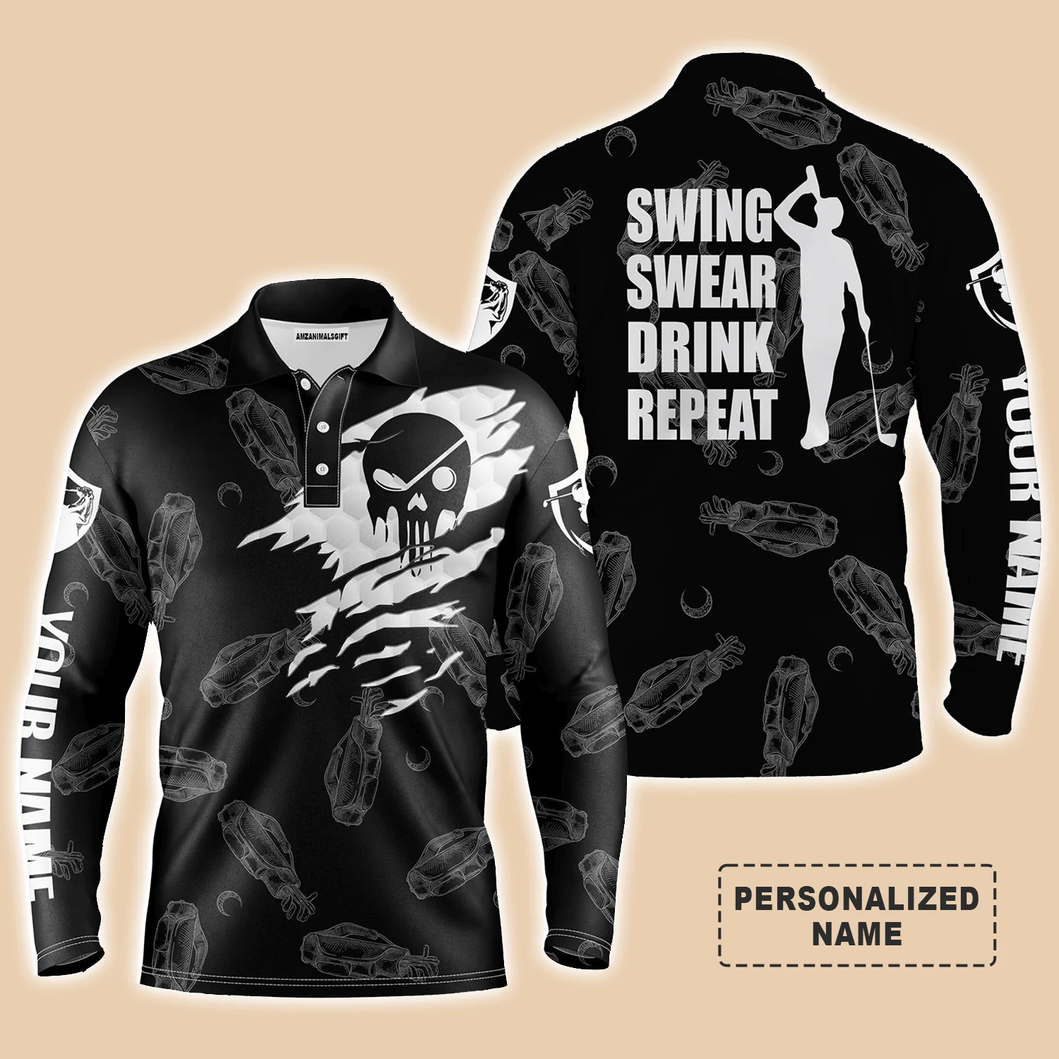 Golf Men Polo Shirts, Swing Swear Drink Repeat Custom Name Black Golf Clubs Pattern Apparel - Personalized Gift For Men, Husband, Boyfriend, Lovers - Image 3