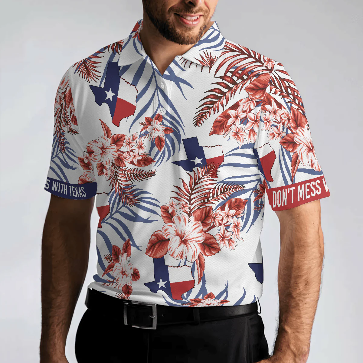 Golf Men Polo Shirts - Tropical Floral Pattern Texas Flag Bluebonnets, Texas Proud Men Polo Shirts - Perfect Gift For Men, Golfers, Golf Lover - Image 4
