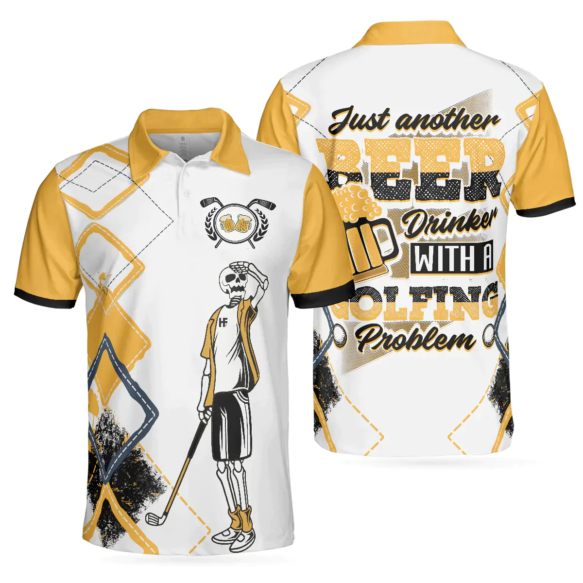 Golf Men Polo Shirts - White And Yellow Argyle Pattern Just Another Beer Drinker With A Golfing Problem Men Polo Shirts- Perfect Gift For Men, Golfers