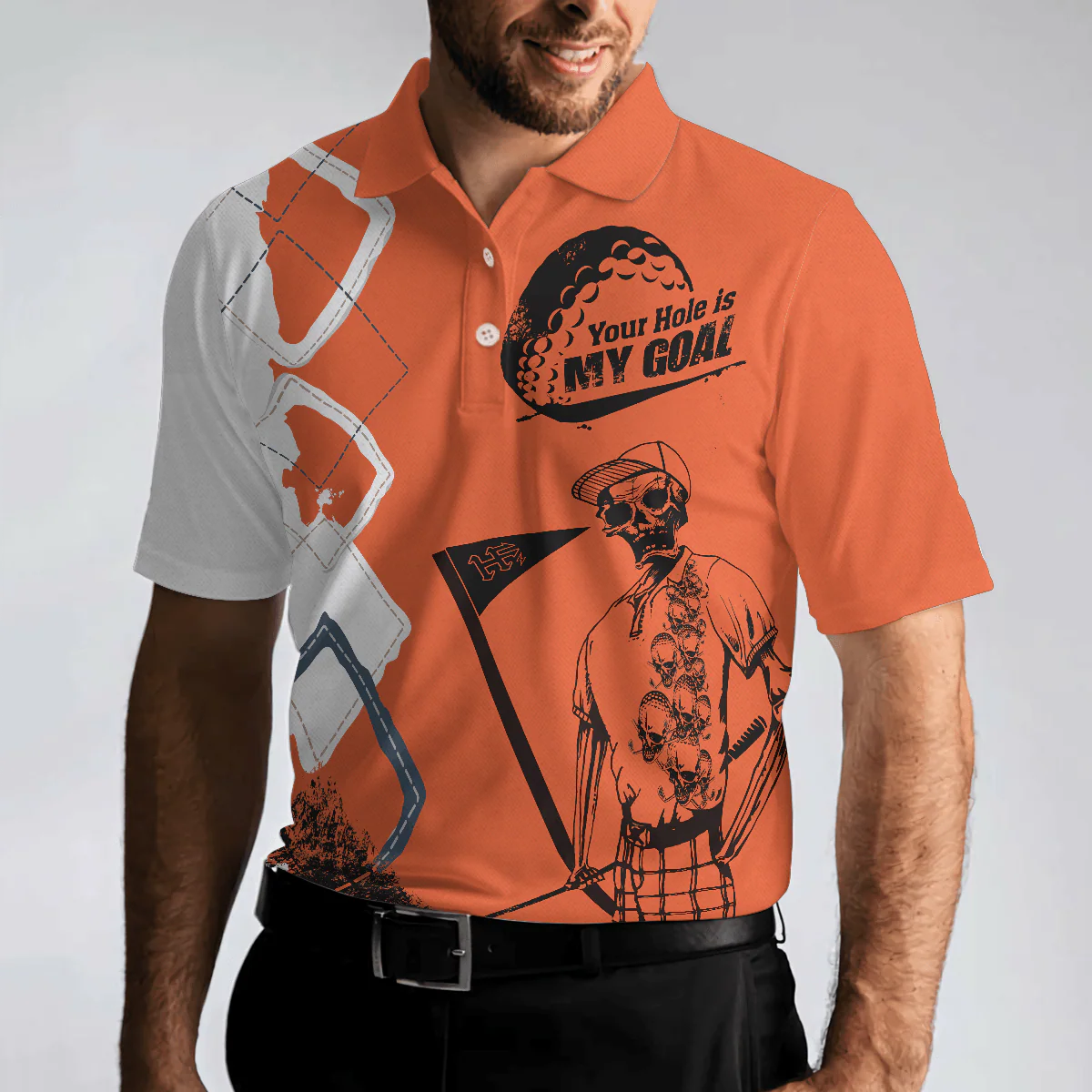 Golf Men Polo Shirts - Your Hole Is My Goal Orange Argyle Pattern Skeleton Golfer Men Polo Shirt - Perfect Gift For Men, Golfers, Golf Lover - Image 4