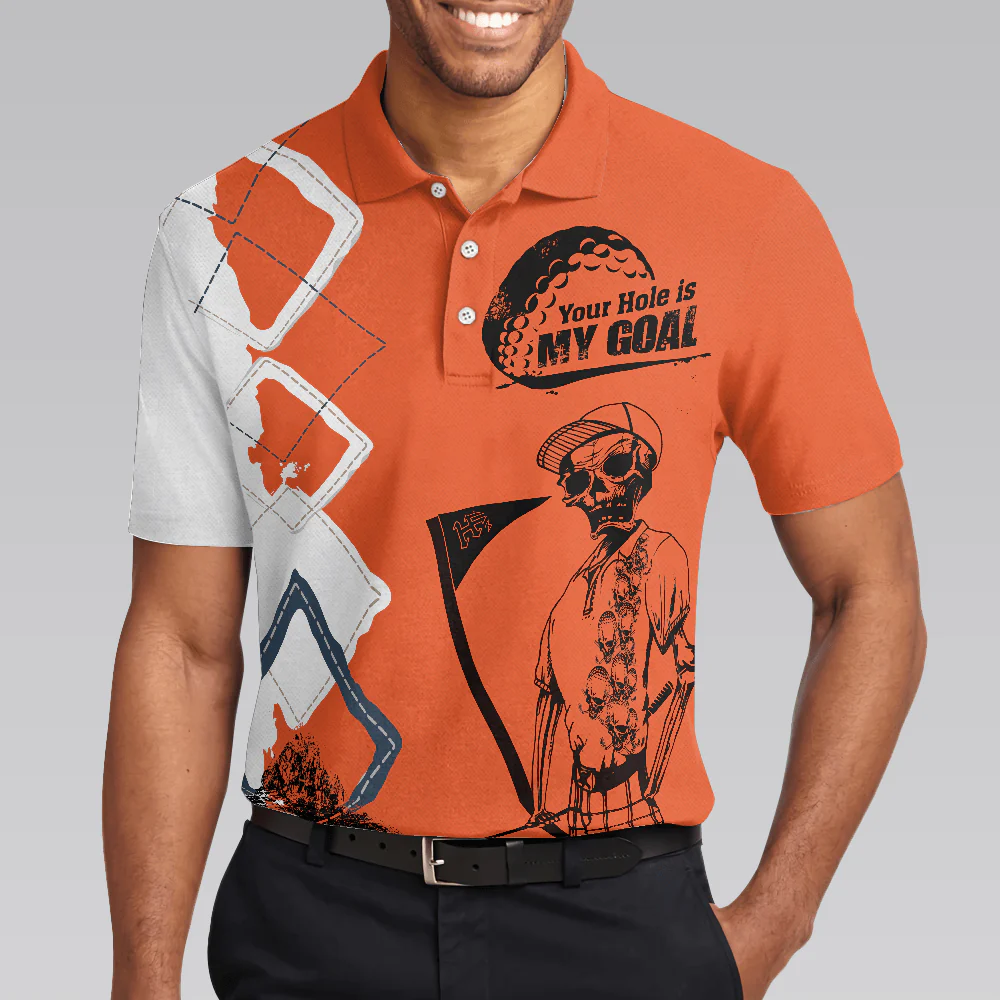Golf Men Polo Shirts - Your Hole Is My Goal Orange Argyle Pattern Skeleton Golfer Men Polo Shirt - Perfect Gift For Men, Golfers, Golf Lover - Image 5