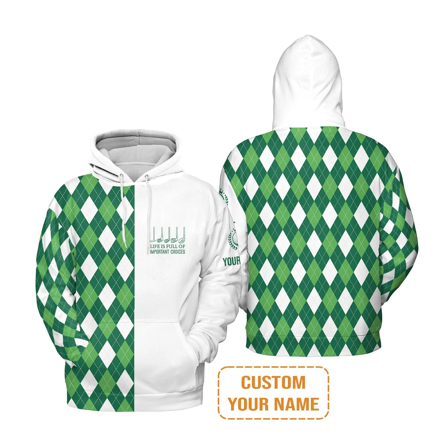 Golf Men's Long Sleeve Polo Shirt -Custom Name Green Argyle Plaid Apparel - Life Is Full Of Important Choices - Personalized Gift For Golf Lover, Men, Husband, Team - Image 5