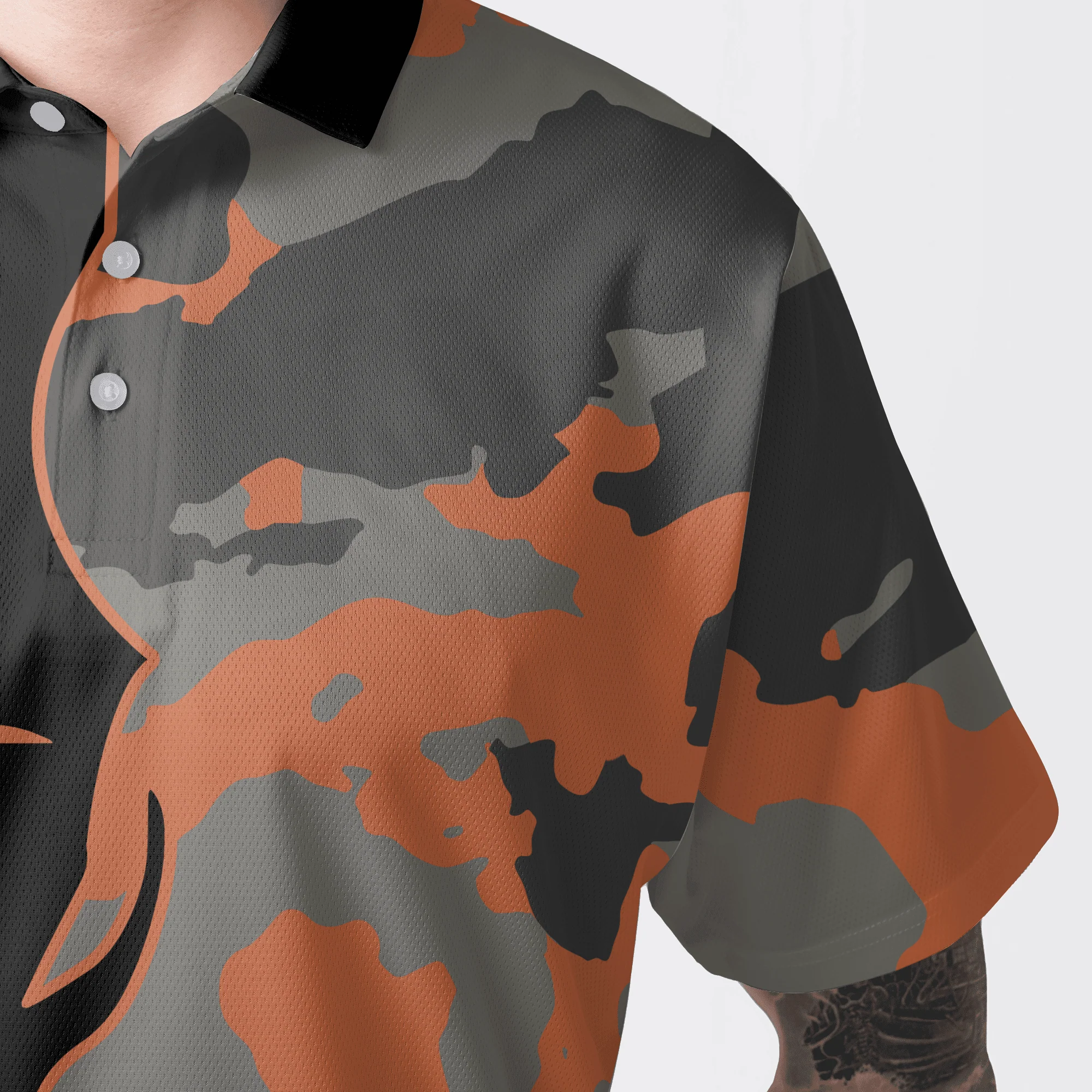 Golf Men's Long Sleeve Polo Shirt - Skull Orange Camouflage Golf Long Sleeve Polo Shirt, Streetwear Camo Golf Shirt For Men - Image 6