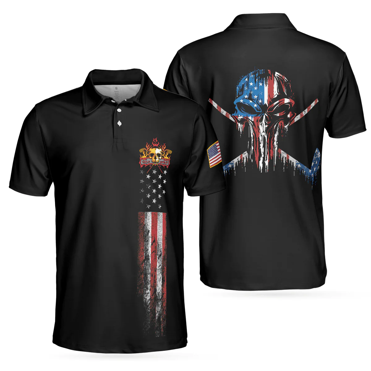 Golf Skull America Flag Men Polo Shirt, Wet Paint Black Polo Shirt, Best Golf Shirt For Men - Best Gift For Golf Lovers