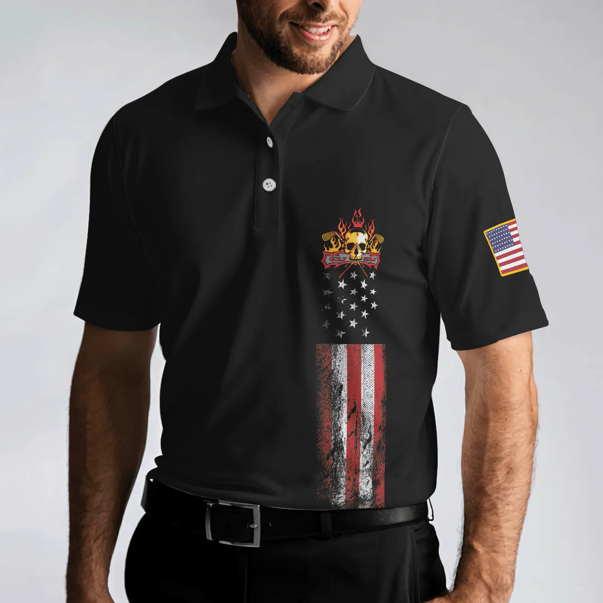 Golf Skull America Flag Men Polo Shirt, Wet Paint Black Polo Shirt, Best Golf Shirt For Men - Best Gift For Golf Lovers - Image 5