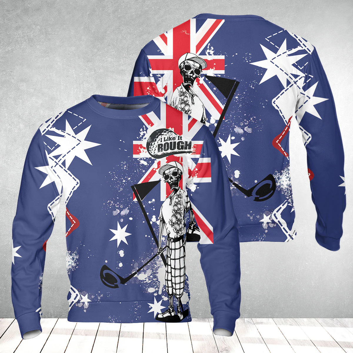 Golf Sweatshirt, Argyle Pattern Skeleton Golfing, Golf I Like It Rough Australian Flag Sweatshirt For Men - Best Gift For Golfers, Golf Lovers - Image 2