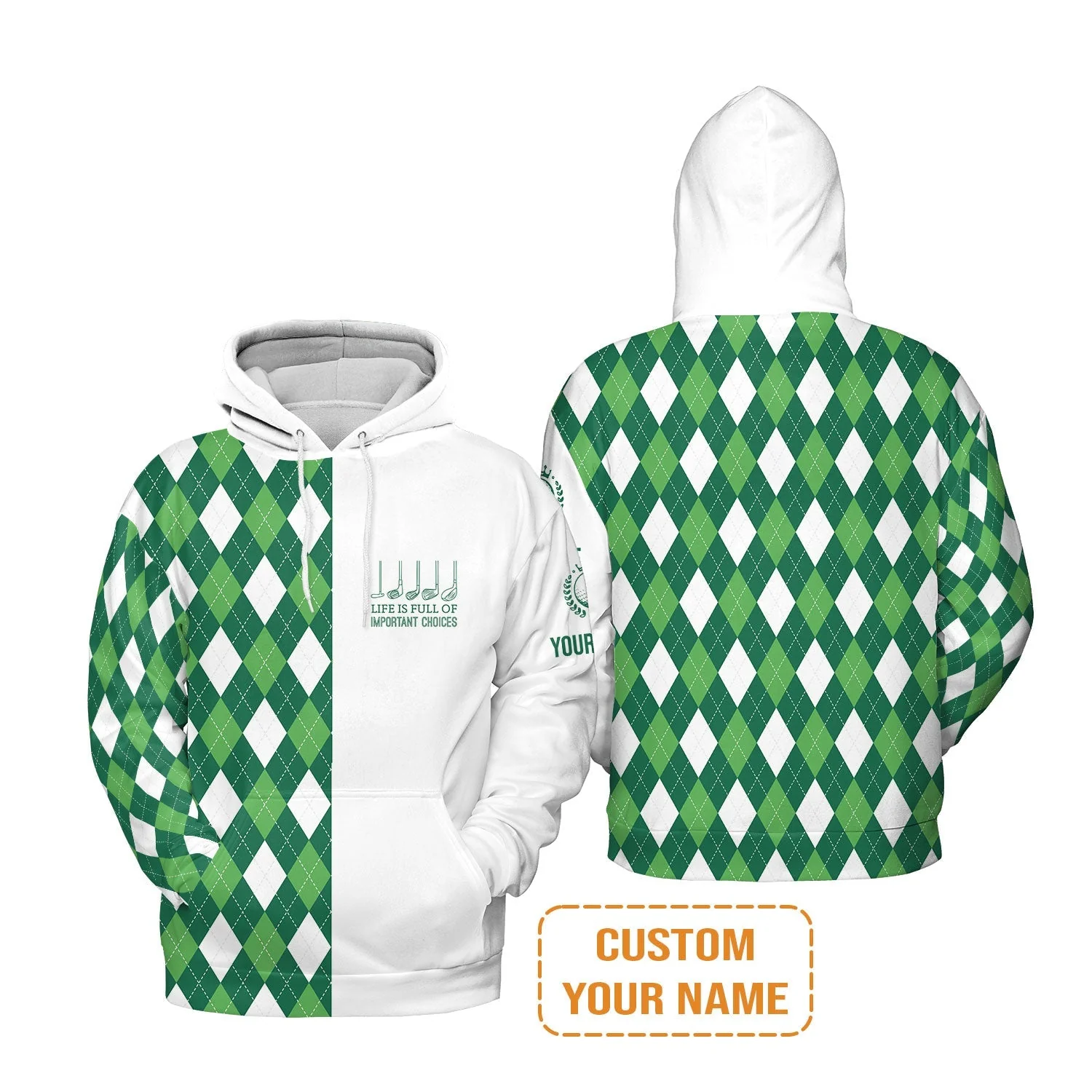 Golf Sweatshirt -Custom Name Green Argyle Plaid Apparel - Life Is Full Of Important Choices - Personalized Gift For Golf Lover, Men, Husband, Team - Image 3