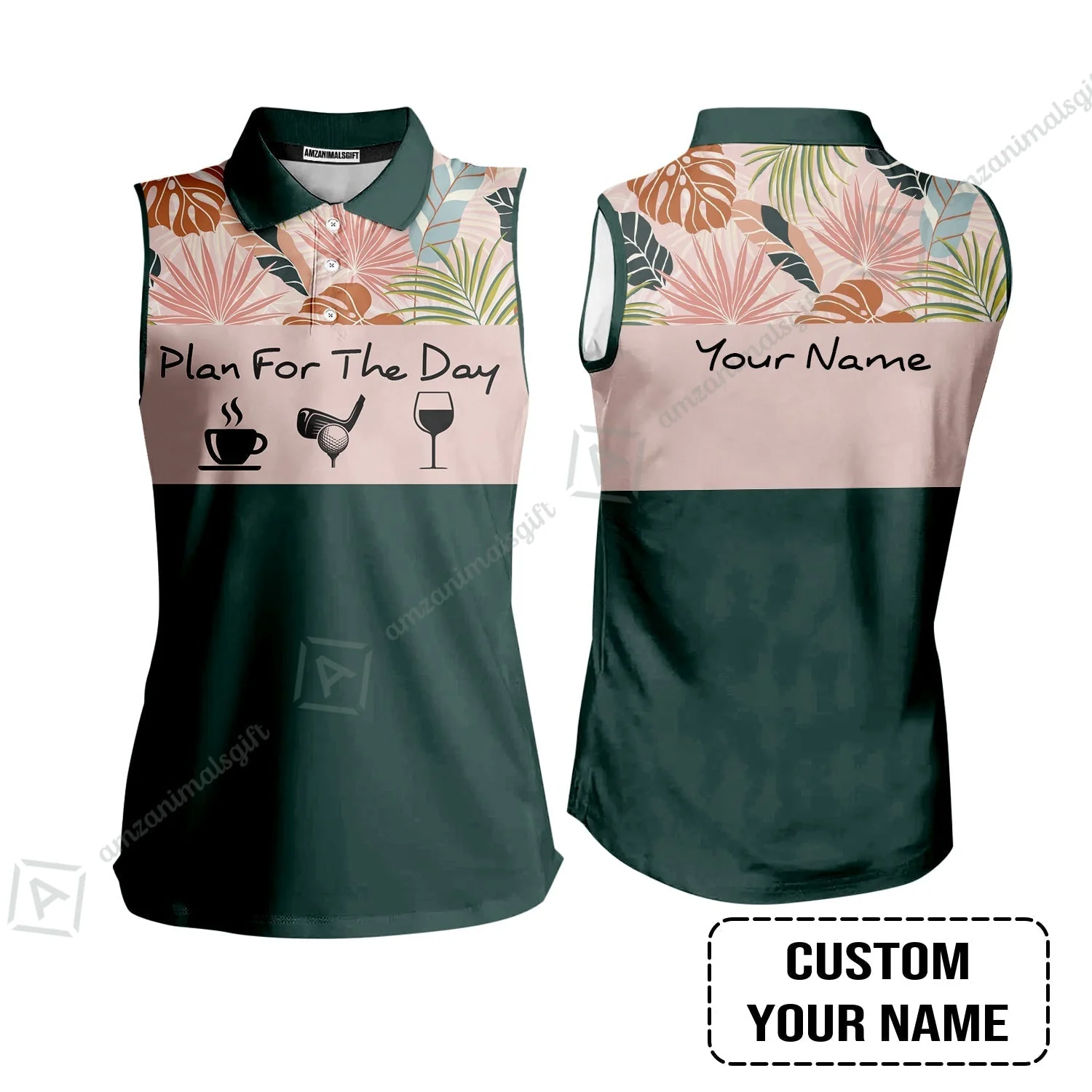 Golf Sweatshirt - Custom Name Tropical Leaves Floral Apparel - Plan For The Day Coffee Golf Wine - Image 7