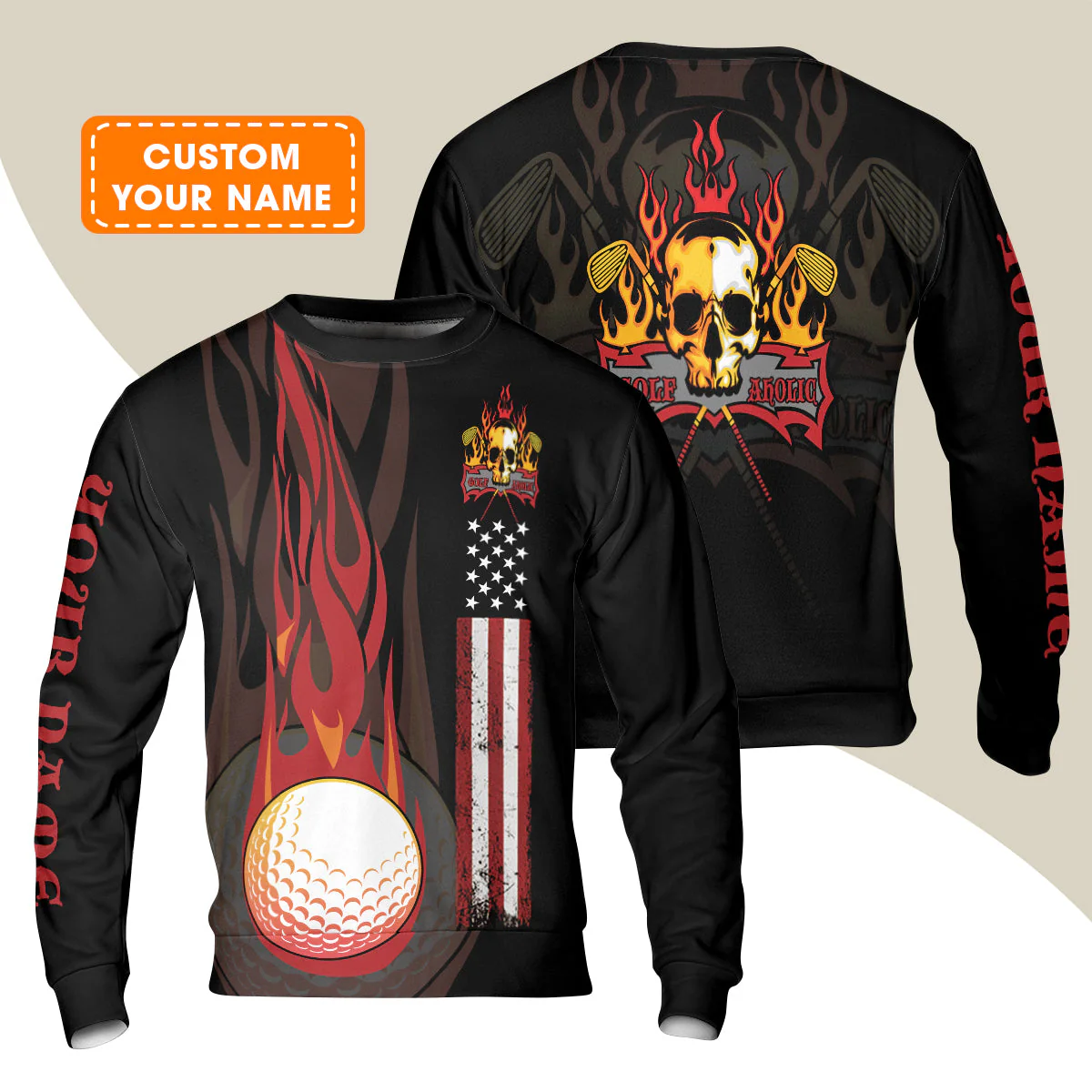 Golf Sweatshirt - Flame Skull Golf Ball American Flag Custom Name Sweatshirt - Personalized Gift For Golf Lover, Men, Patriotic - Image 2