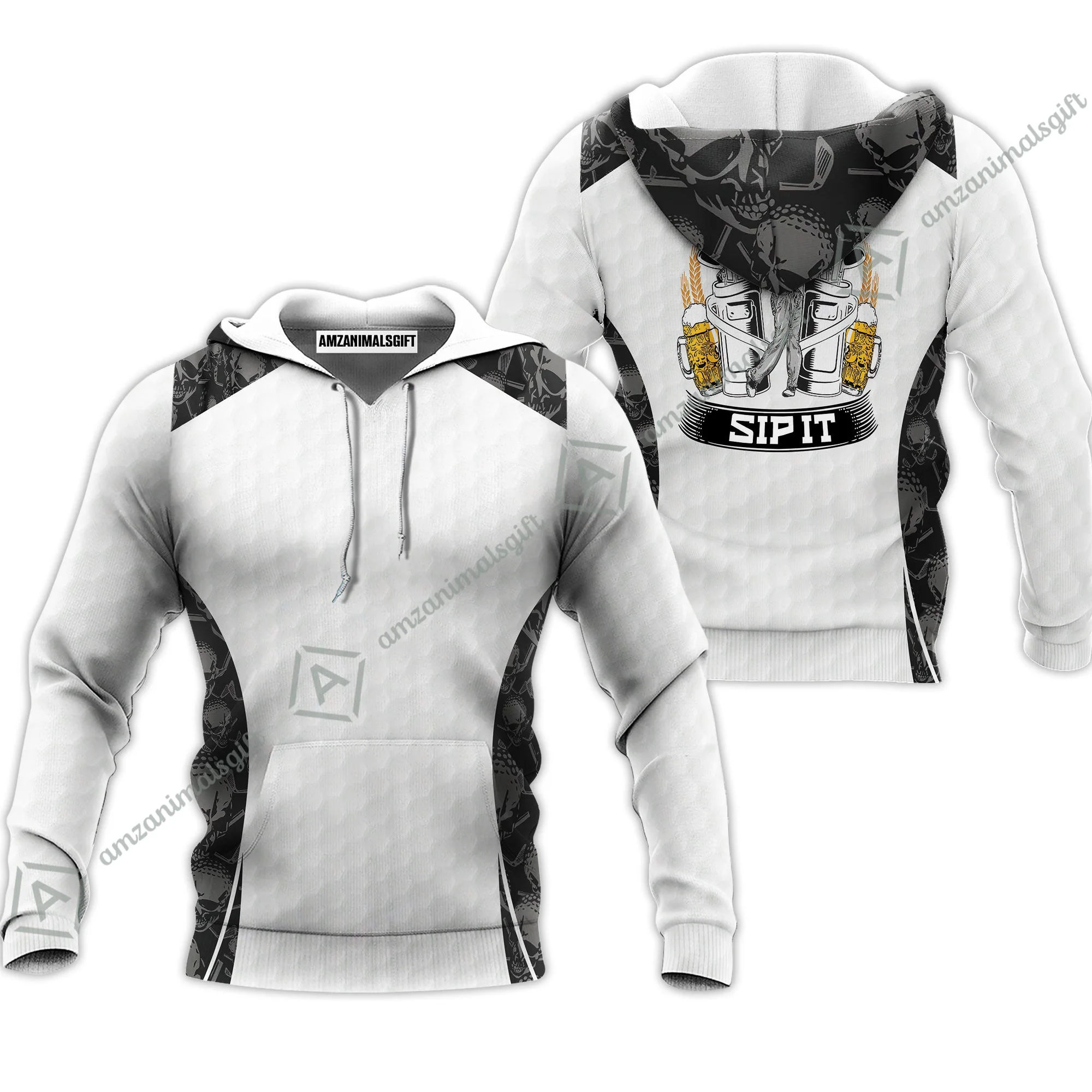 Golf Sweatshirt - Golf Ball Pattern Skull, Grip It Rip It Sip It Golf White Sweatshirt - Image 3