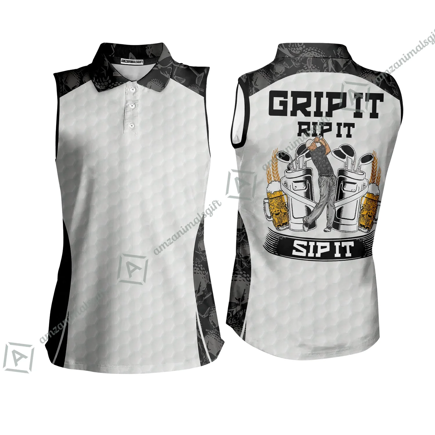Golf Sweatshirt - Golf Ball Pattern Skull, Grip It Rip It Sip It Golf White Sweatshirt - Image 7