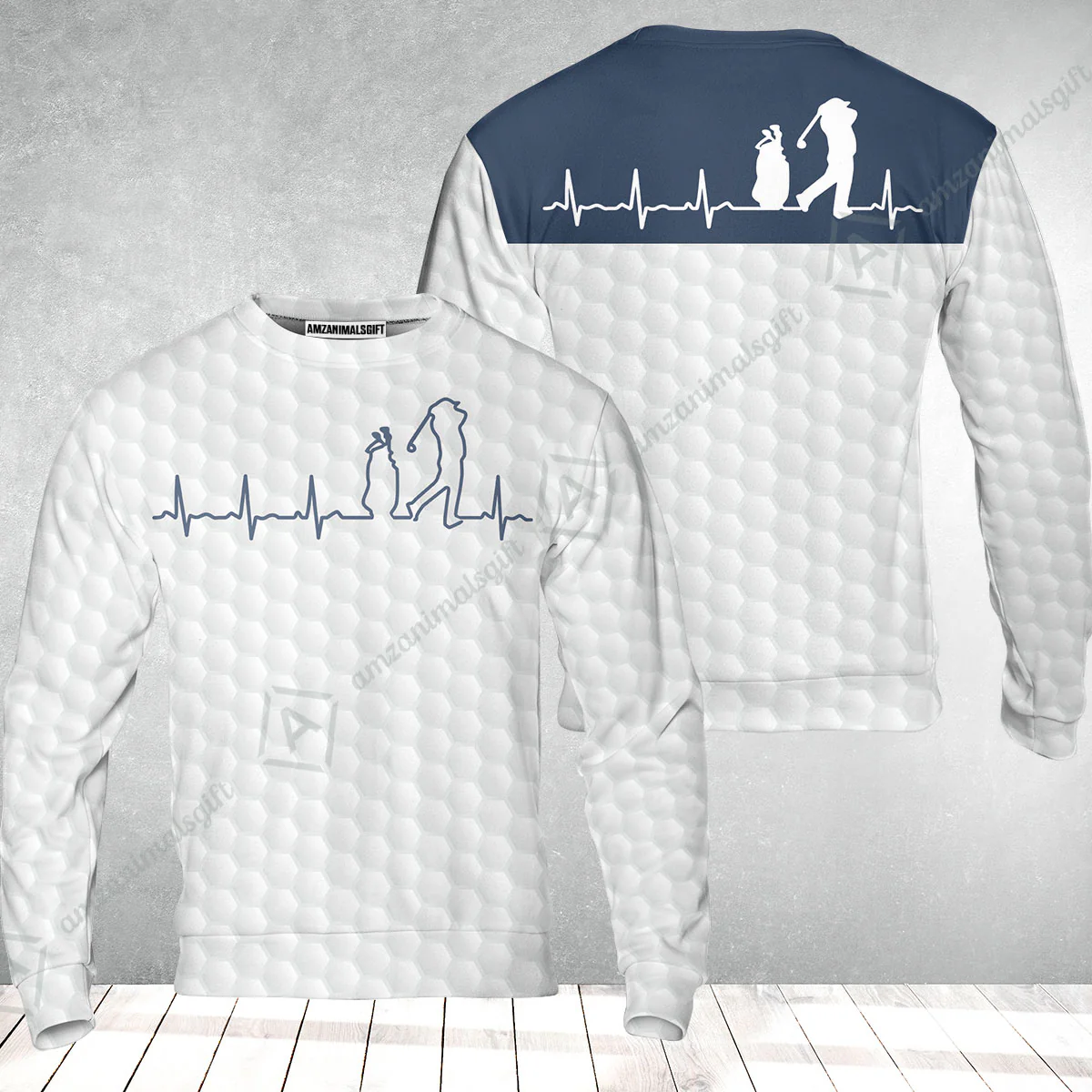 Golf Sweatshirt - Heartbeat Golfer White And Navy Golf Sweatshirt, White Golf Ball Pattern Sweatshirt - Best Gift For Golfers - Image 2