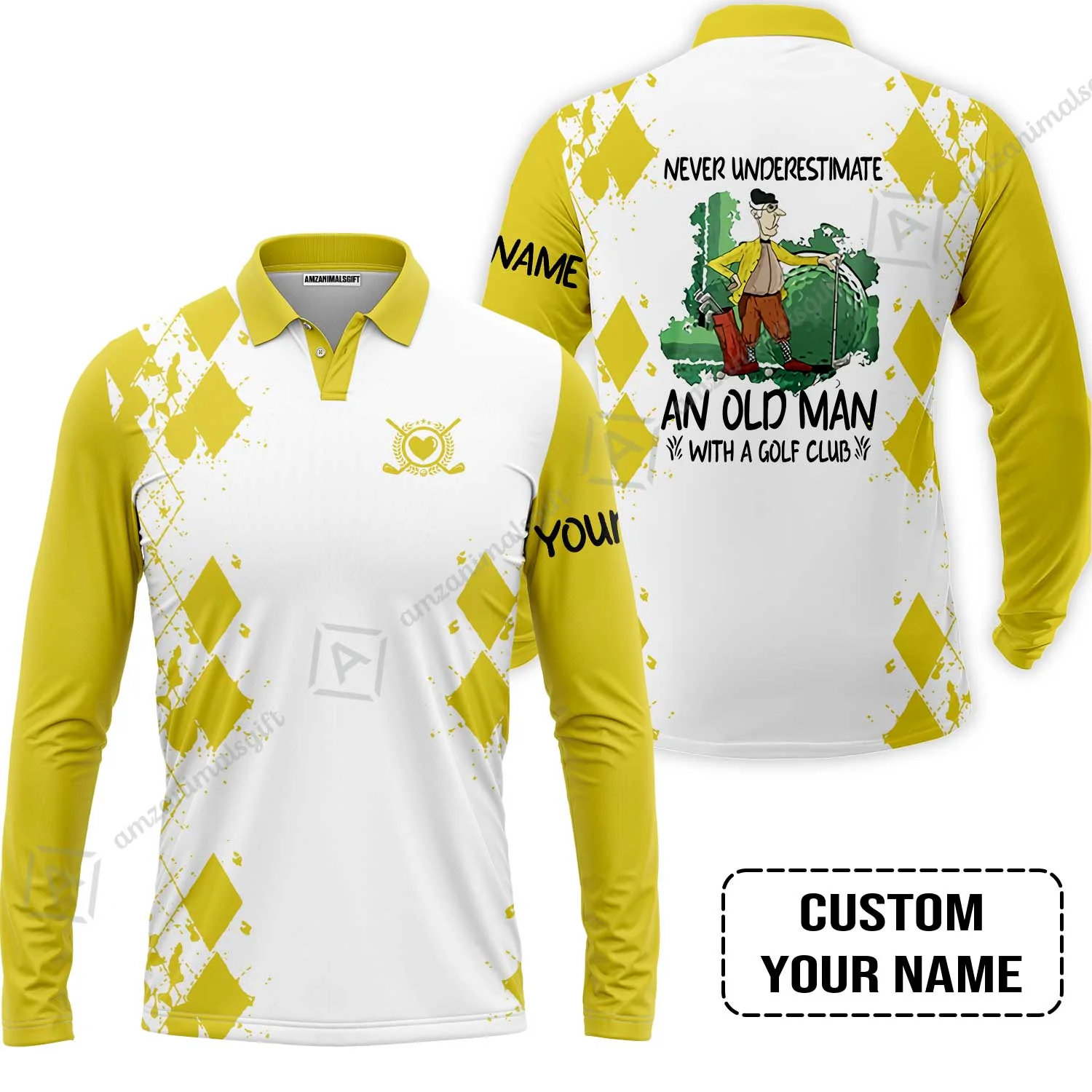 Golf T-Shirt - Argyle Pattern Custom Name Apparel - Never Underestimate An Old Man With A Golf Club T-Shirt - Image 6