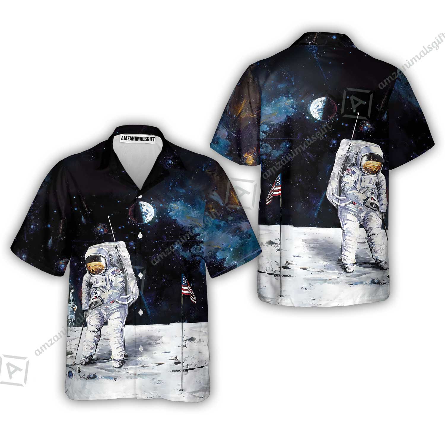 Golf T-Shirt - Astronaut Moon Golf Men Polo Shirt, American Flag T-Shirt - Image 3