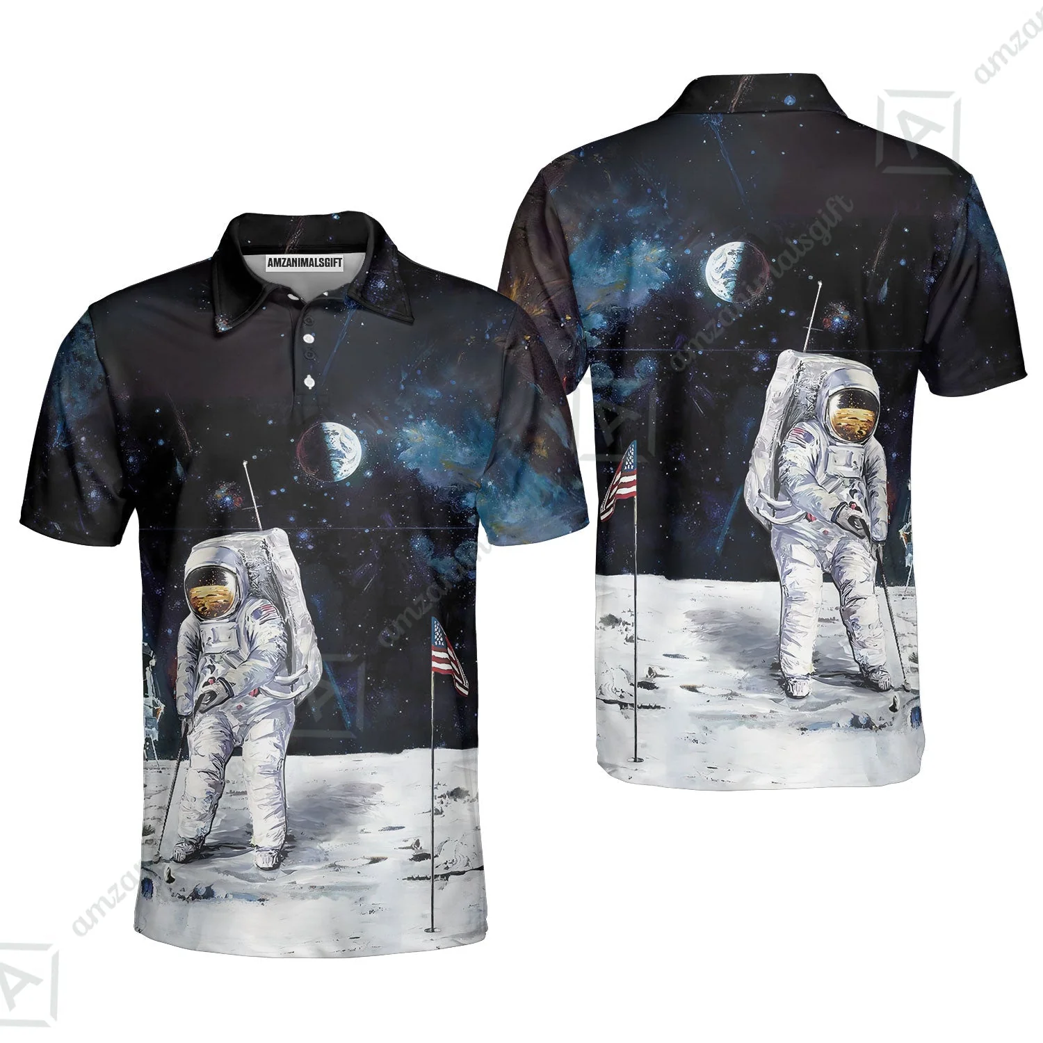 Golf T-Shirt - Astronaut Moon Golf Men Polo Shirt, American Flag T-Shirt - Image 8