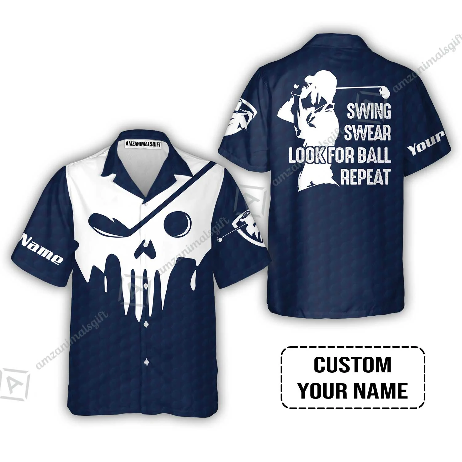 Golf T-Shirt - Custom Name Golf Skull - Swing Swear Look For Ball Repeat T-Shirt - Image 3