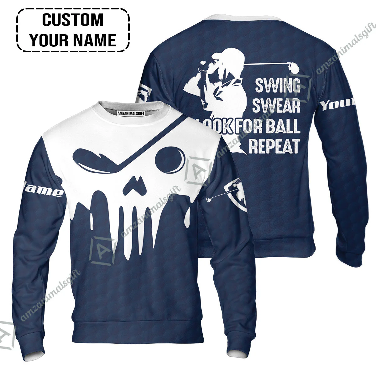 Golf T-Shirt - Custom Name Golf Skull - Swing Swear Look For Ball Repeat T-Shirt - Image 4