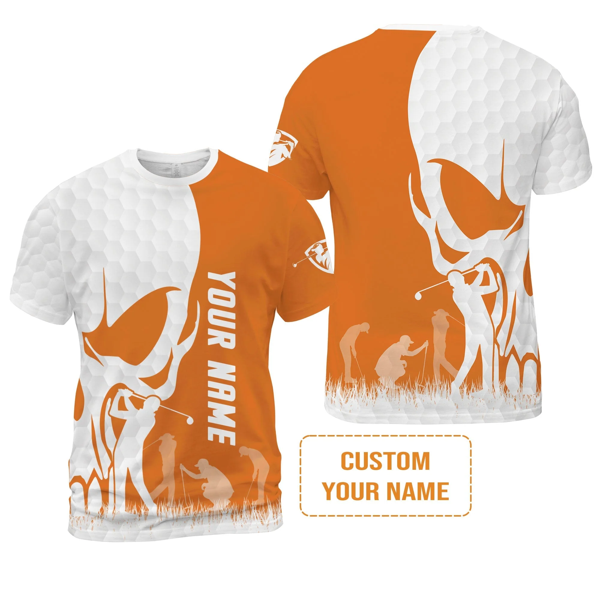 Golf T-Shirt - Custom Name Skull White Golf Ball, Orange Apparel T-Shirt - Personalized Gift For Golf Lover, Team, Husband, Boyfriend, Men - Image 2