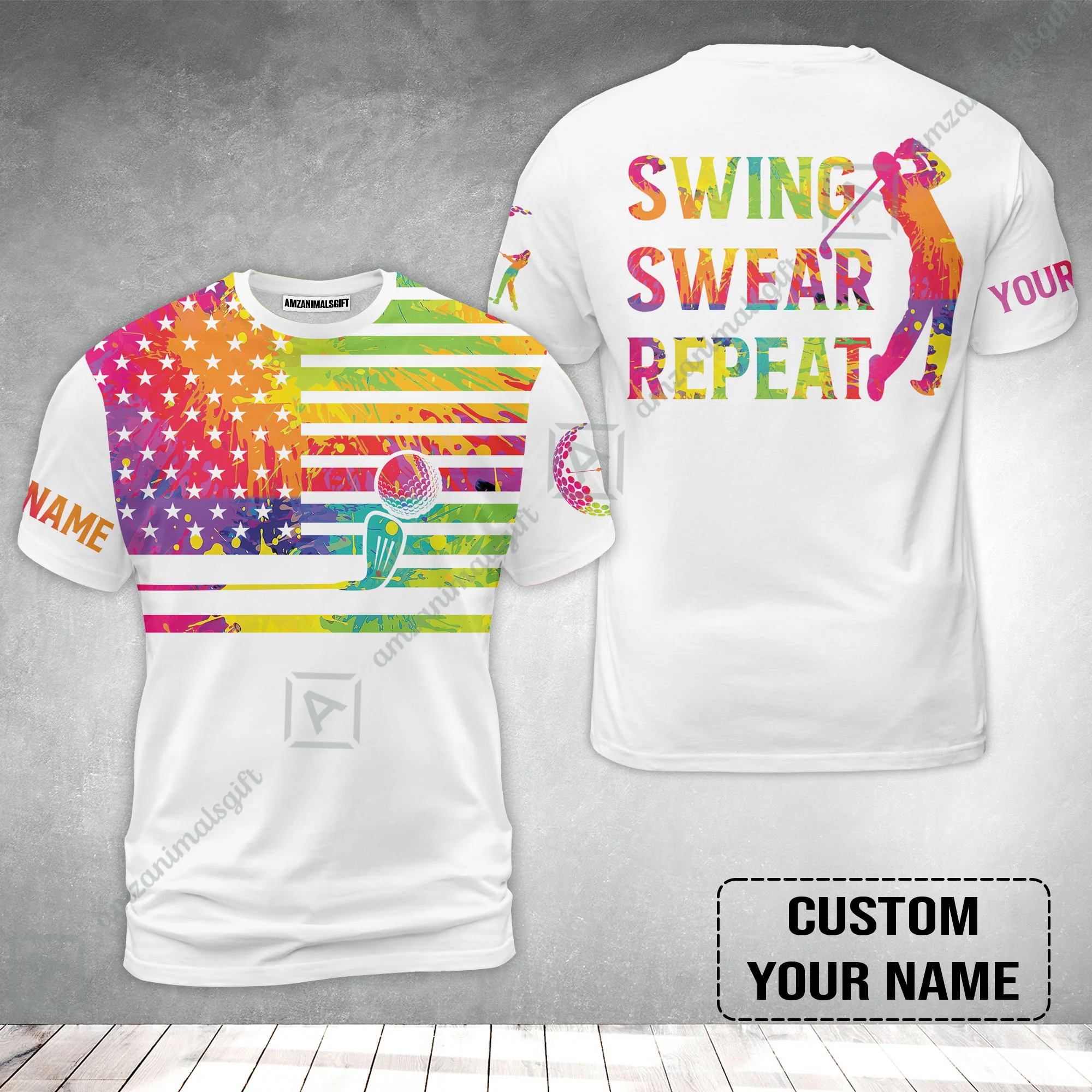 Golf T-Shirt - Funny Watercolor American Flag Custom Name White Apparel - Swing Swear Repeat Golf T-Shirt - Image 2