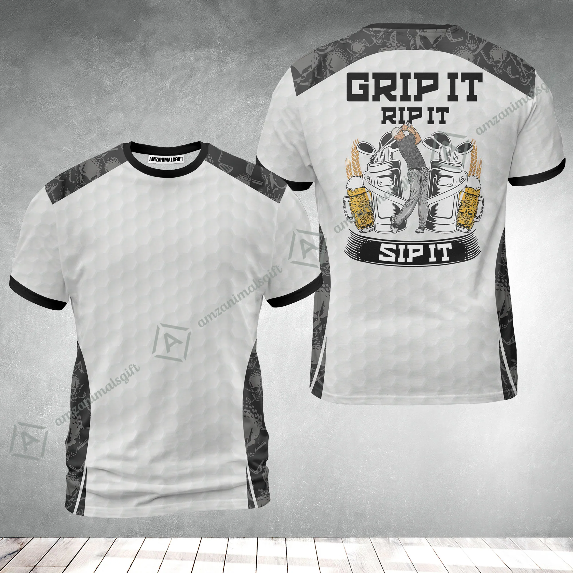 Golf T-Shirt - Golf Ball Pattern Skull, Grip It Rip It Sip It Golf White T-Shirt - Image 2