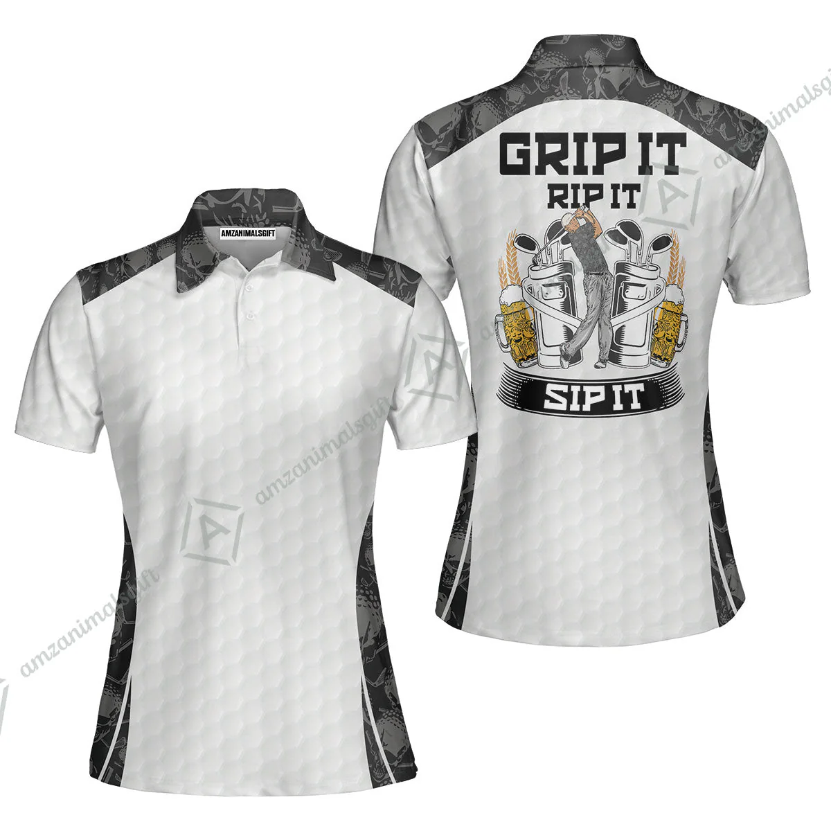 Golf T-Shirt - Golf Ball Pattern Skull, Grip It Rip It Sip It Golf White T-Shirt - Image 5