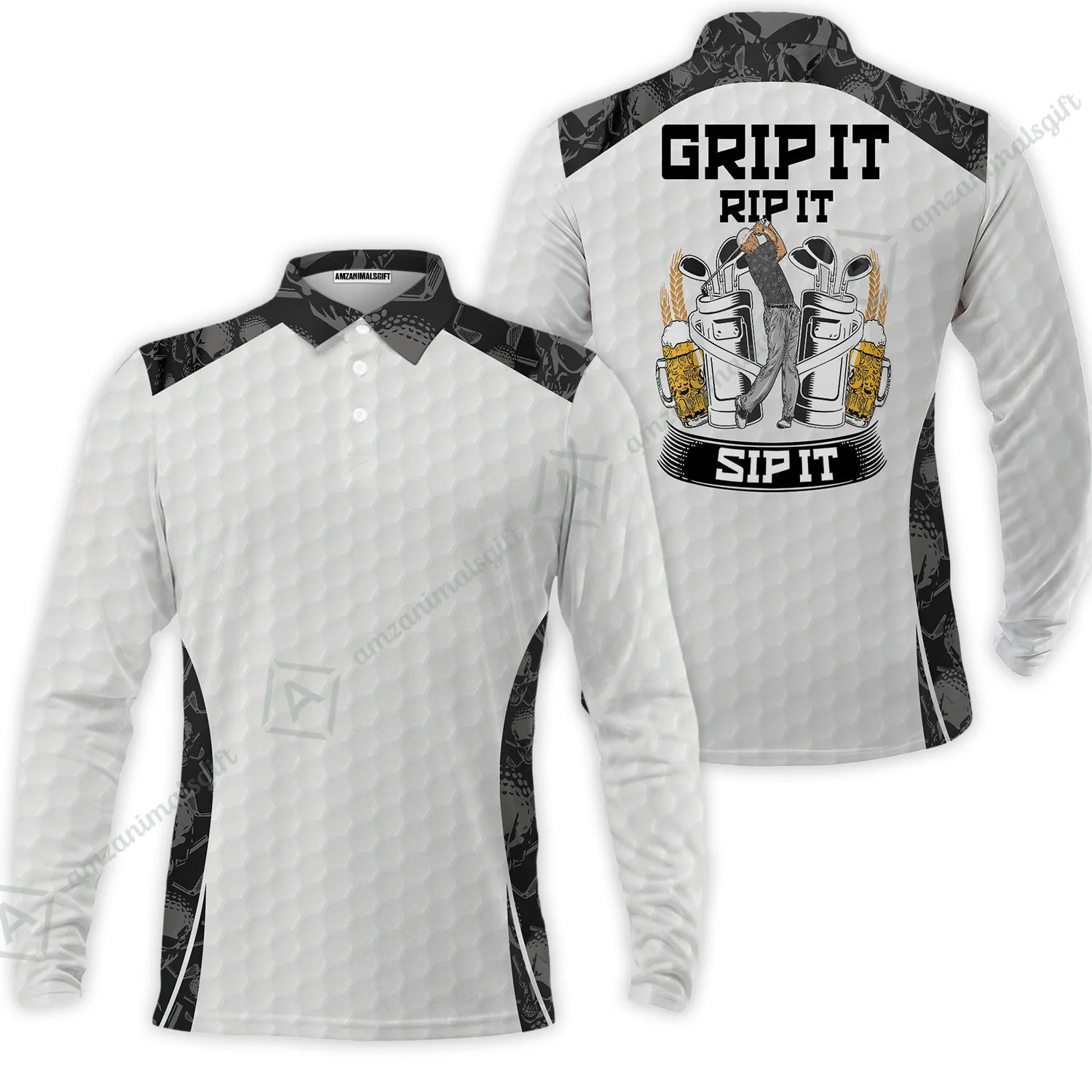 Golf T-Shirt - Golf Ball Pattern Skull, Grip It Rip It Sip It Golf White T-Shirt - Image 8